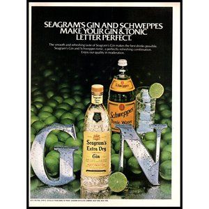 1982 Seagram's Gin and Tonic Vintage Print Ad Schweppes Lime Whole Limes Photo